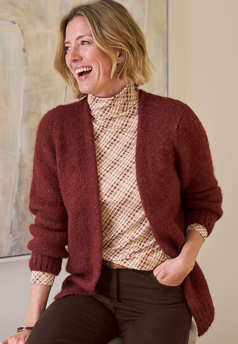 Amelia Silky Roll Neck Jersey Top - Brown Check Front Cardigan View
