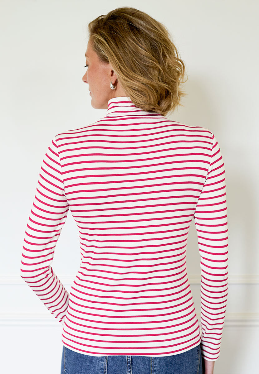 Amelia Silky Roll Neck Jersey Top - Cherry Stripe