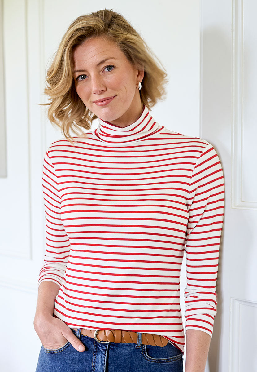 Amelia Silky Roll Neck Jersey Top - Cherry Stripe