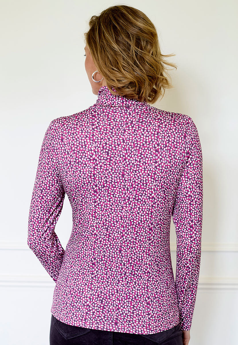 Amelia Silky Roll Neck Jersey Top - Plum Print Roll Neck Layer Gentle Contour Fit Soft Stretchy Jersey with Long Sleeves Back View