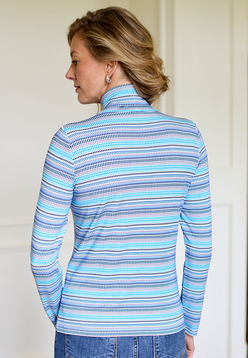 Amelia Silky Roll Neck Jersey Top - Teal Stripe Roll Neck Layer Gentle Contour Fit Soft Stretchy Jersey with Long Sleeves Back View