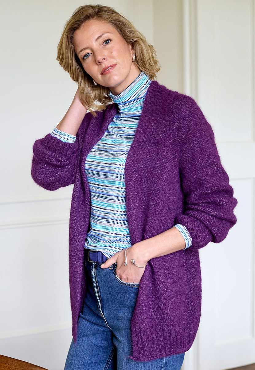 Amelia Silky Roll Neck Jersey Top - Teal Stripe Roll Neck Layer Gentle Contour Fit Soft Stretchy Jersey with Long Sleeves Side view