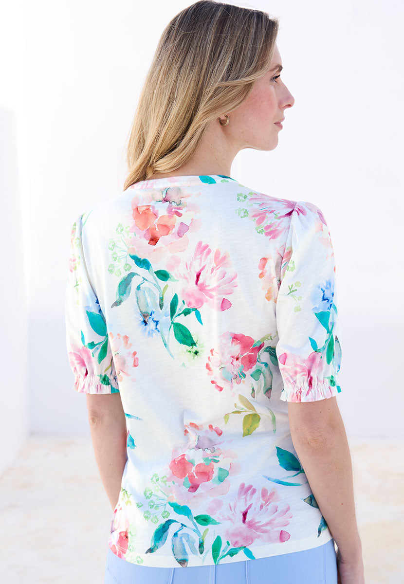 Angelica Cotton Jersey Shirt - Ceprano Print Floral Print Puff Sleeves Notch Neck Back View