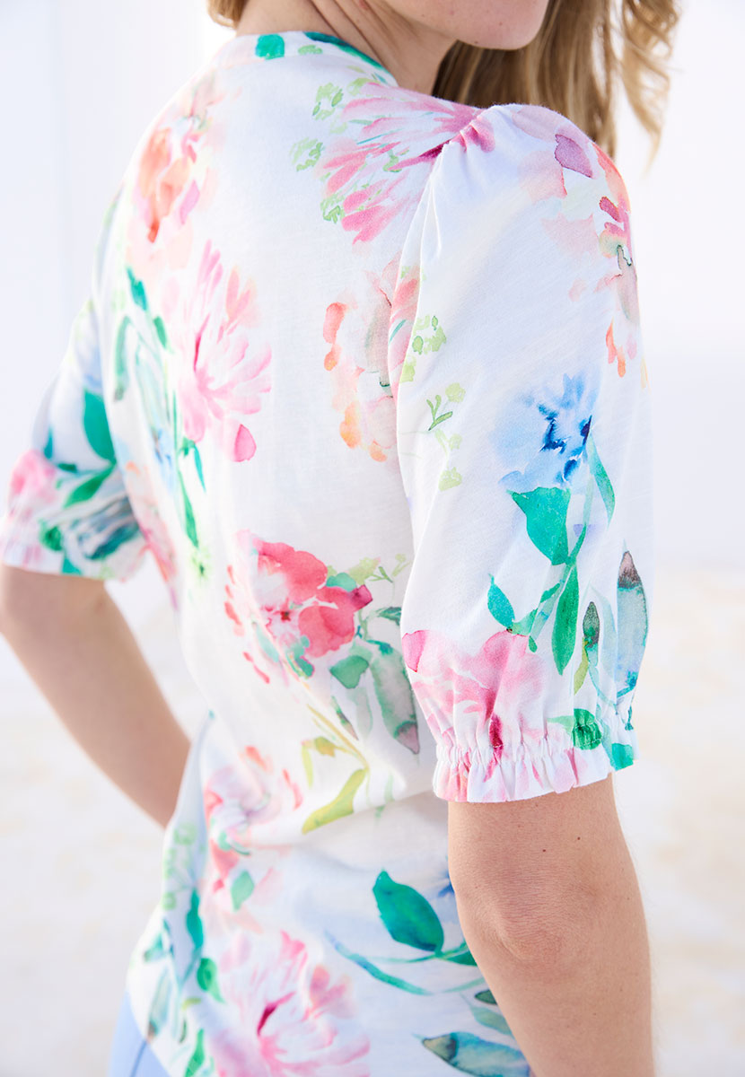 Angelica Cotton Jersey Shirt - Ceprano Print Floral Print Puff Sleeves Notch Neck Detail View