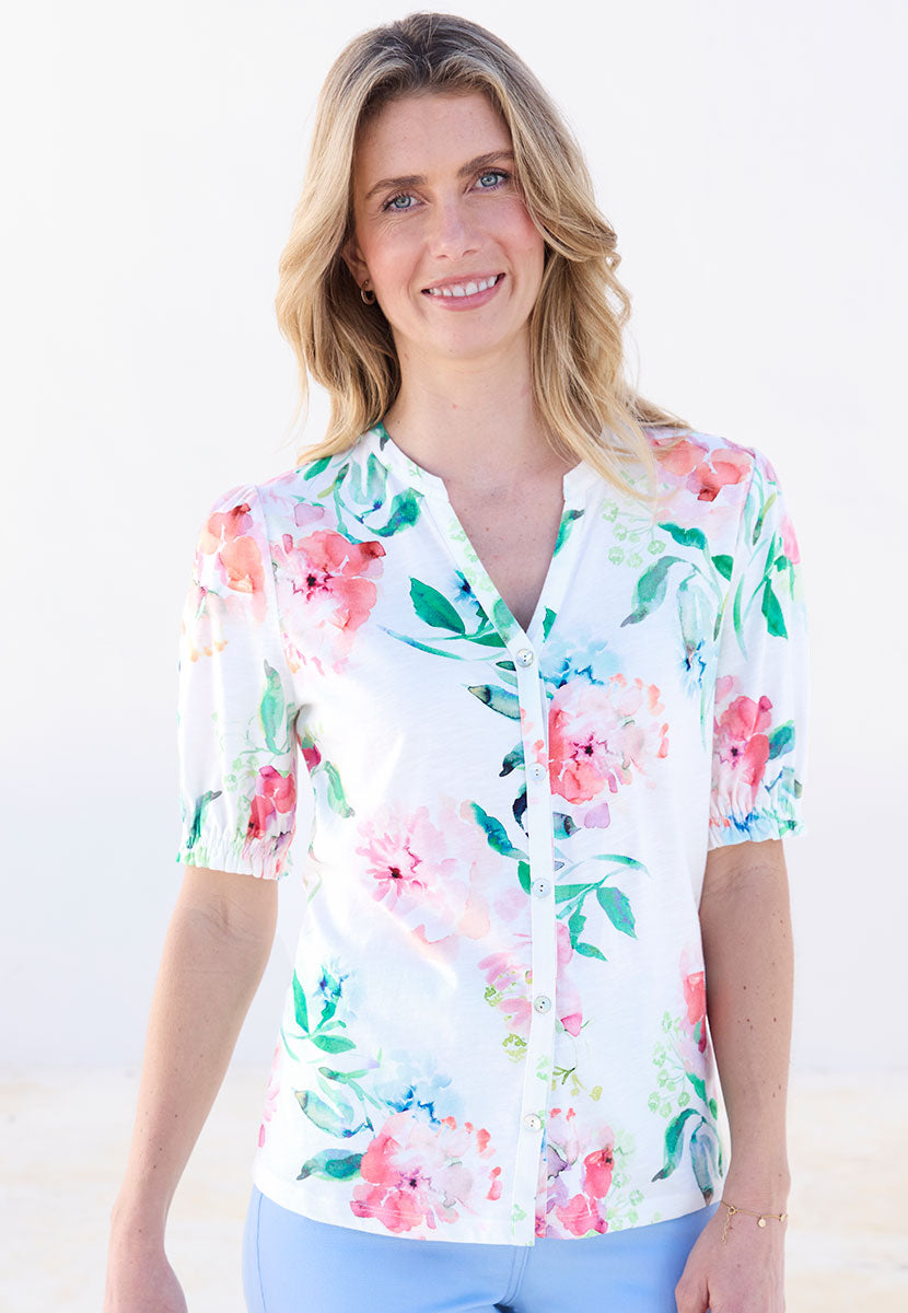Angelica Cotton Jersey Shirt - Ceprano Print Floral Print Puff Sleeves Notch Neck
