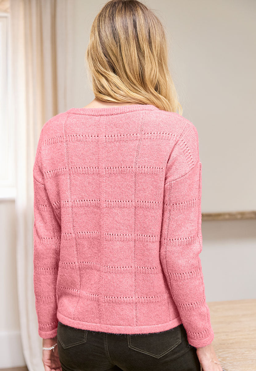 Angie Pointelle Detail Crew Neck Jumper - Rose Pink
