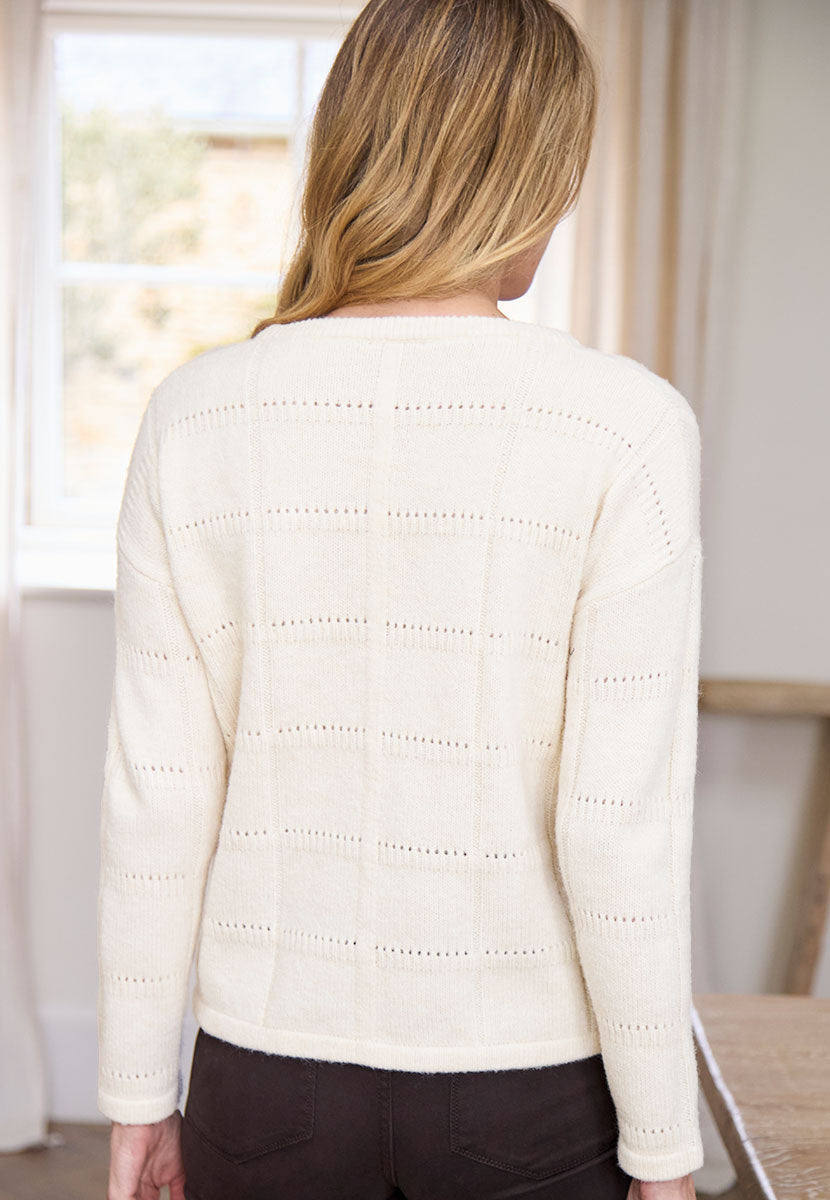 Angie Pointelle Detail Crew Neck Jumper - Winter Ivory