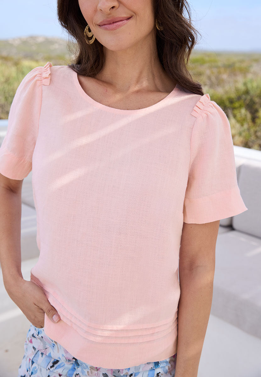 Annie Short Sleeve Linen Top  - Pale Pink Crew Neck with Frill Trims Back Keyhole with Button and Pleated Hem Details Detail View