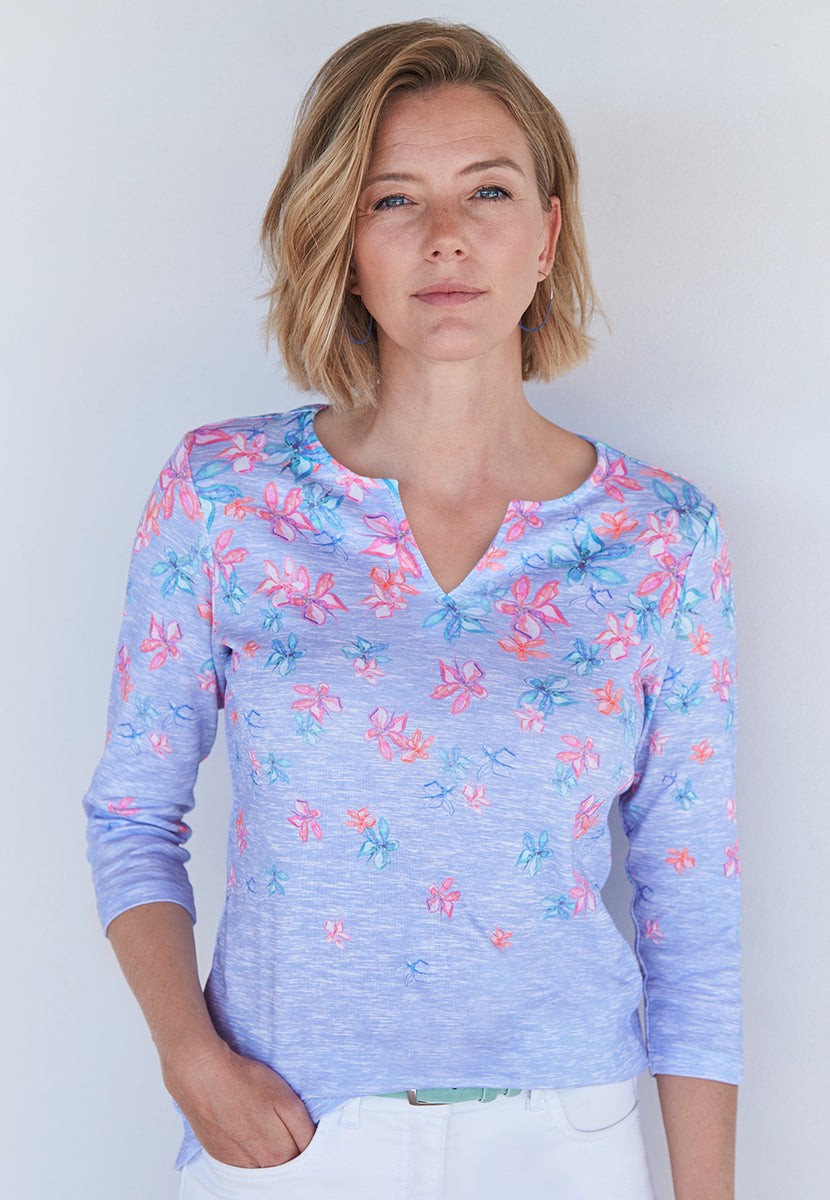 Anya Pure Cotton Notch Neck Top - Blue Marl