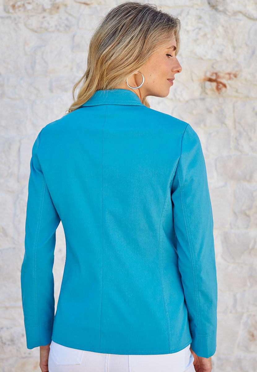 Athena Tailored Fit Lined Blazer - Ocean Blue Comfortable Stretchy Soft Touch Fabric Fully-Lined Smart Blazer Style Jacket Back View