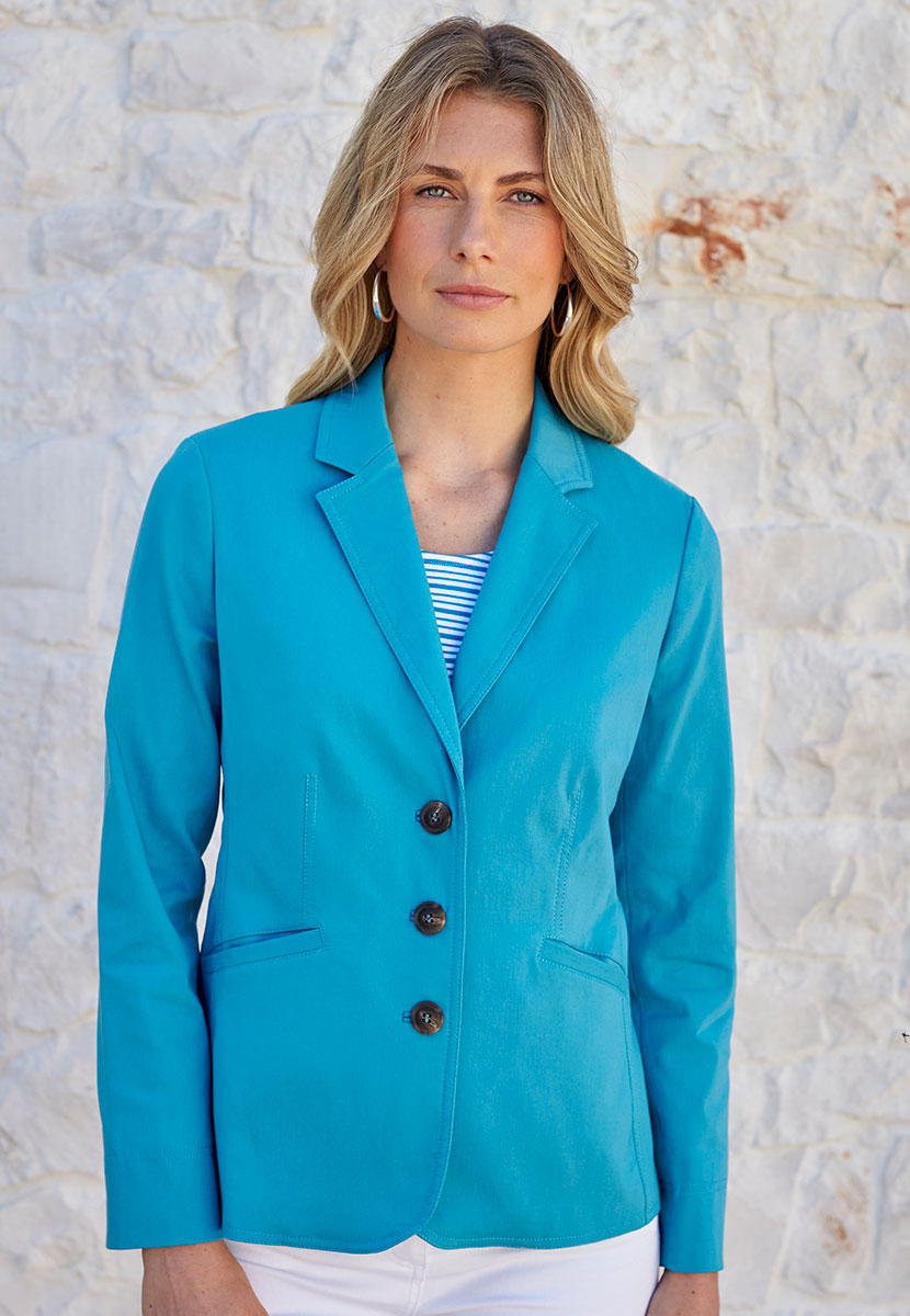 Athena Tailored Fit Lined Blazer - Ocean Blue Comfortable Stretchy Soft Touch Fabric Fully-Lined Smart Blazer Style Jacket Front Alt