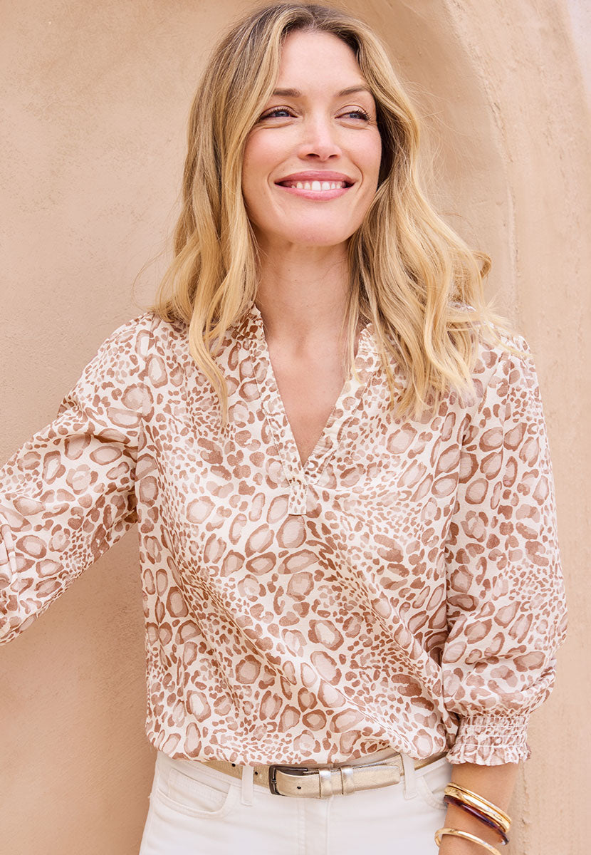 Audrey Long Sleeve Notch Neck Blouse - Camara Print