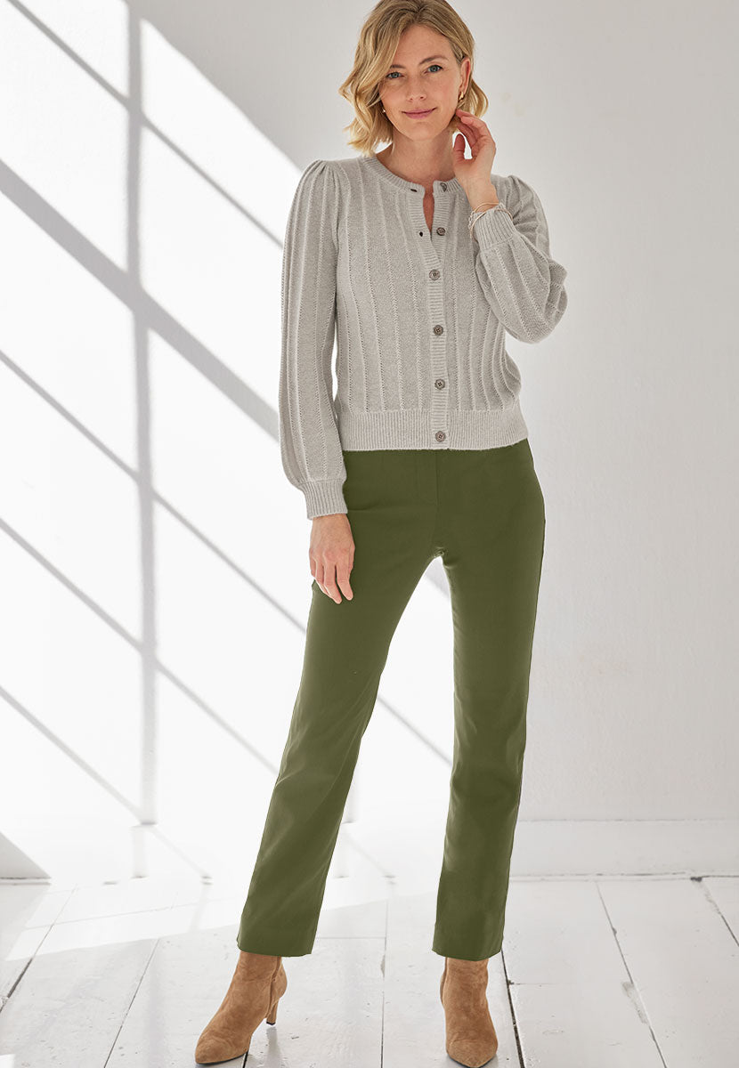 Ava Easy Fit Straight Leg Pull on Trouser - Dark Olive Front View with Avril Silver Grey Cardigan