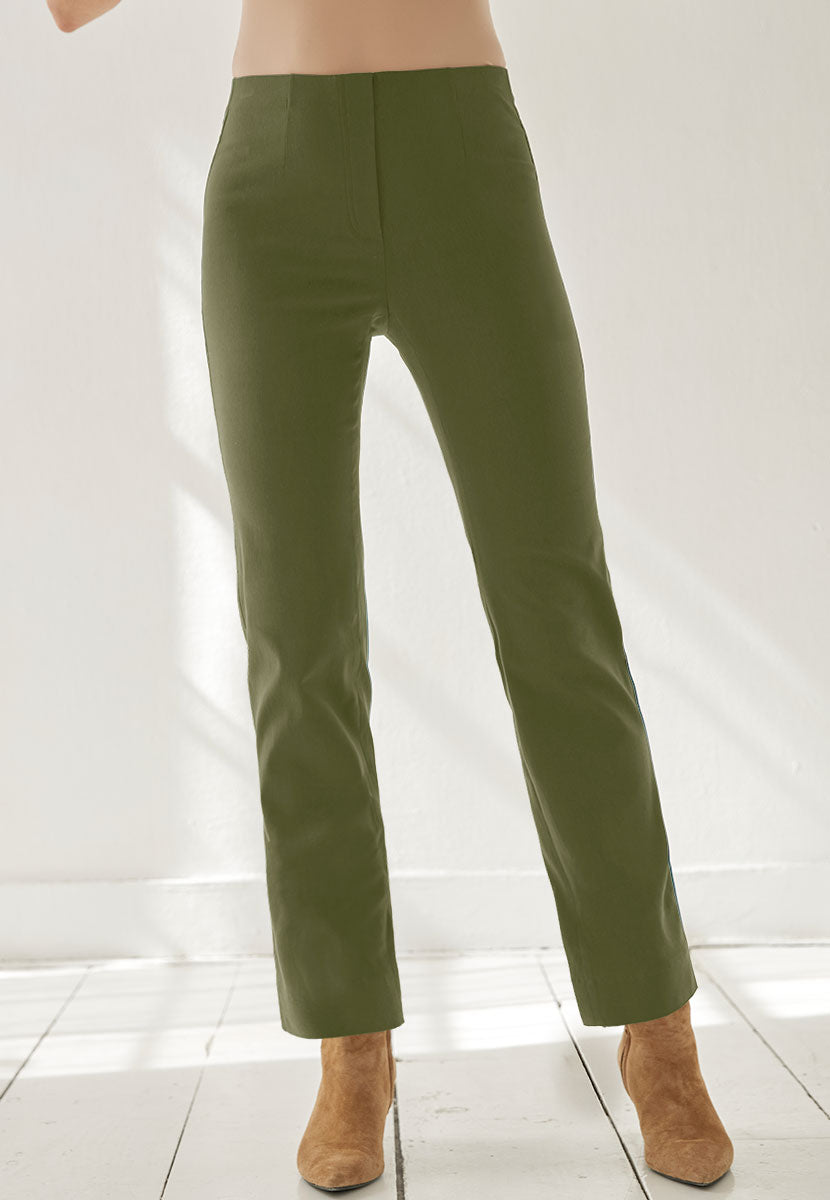 Ava Easy Fit Straight Leg Pull on Trouser - Dark Olive Front Alt View