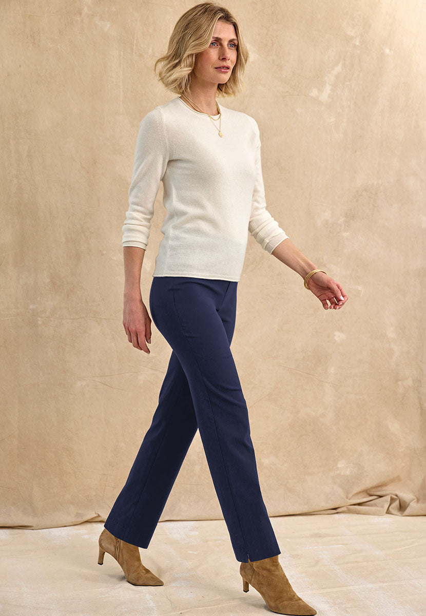 Ava Easy Fit Straight Leg Pull on Trouser - Navy Front View
