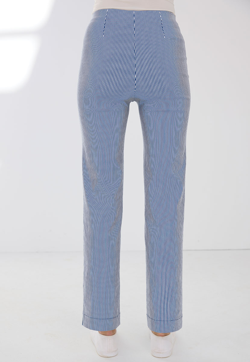 Ava Straight Leg Pull on Trouser - Navy Stripe Back View