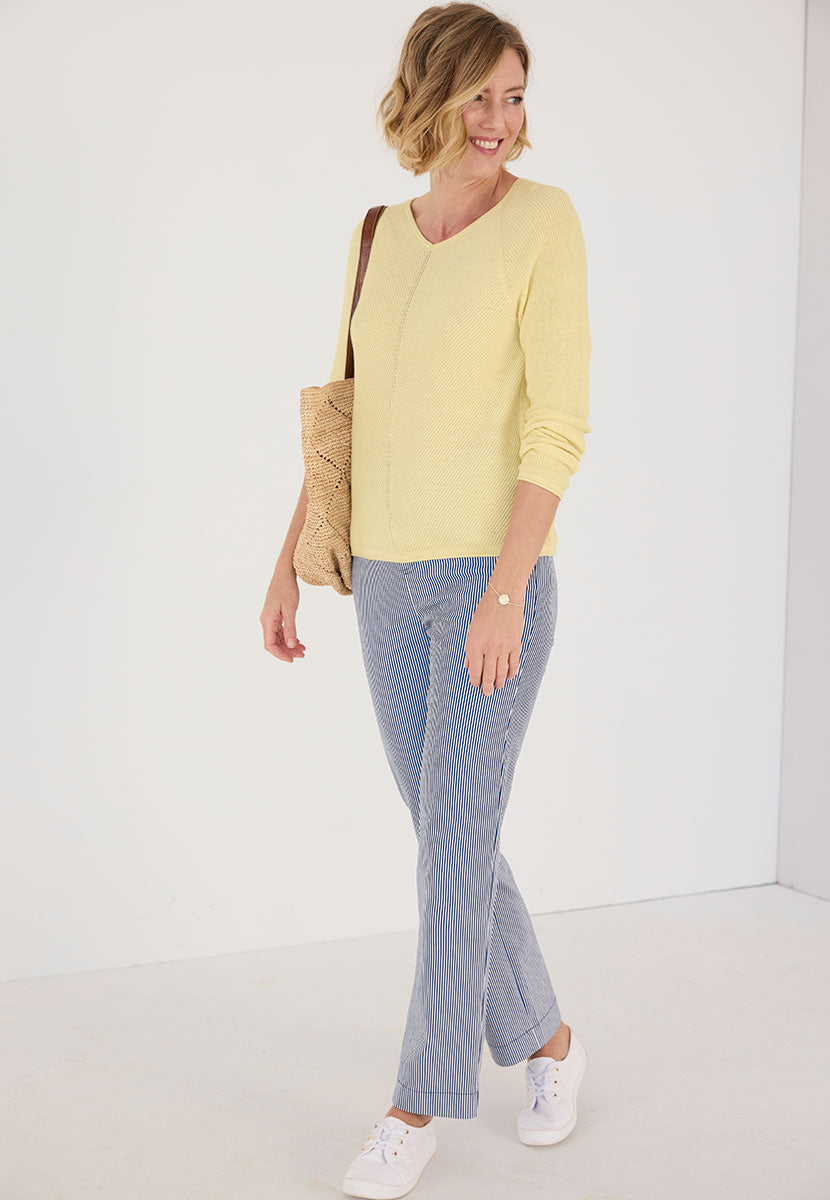 Ava Straight Leg Pull on Trouser - Navy Stripe Front View