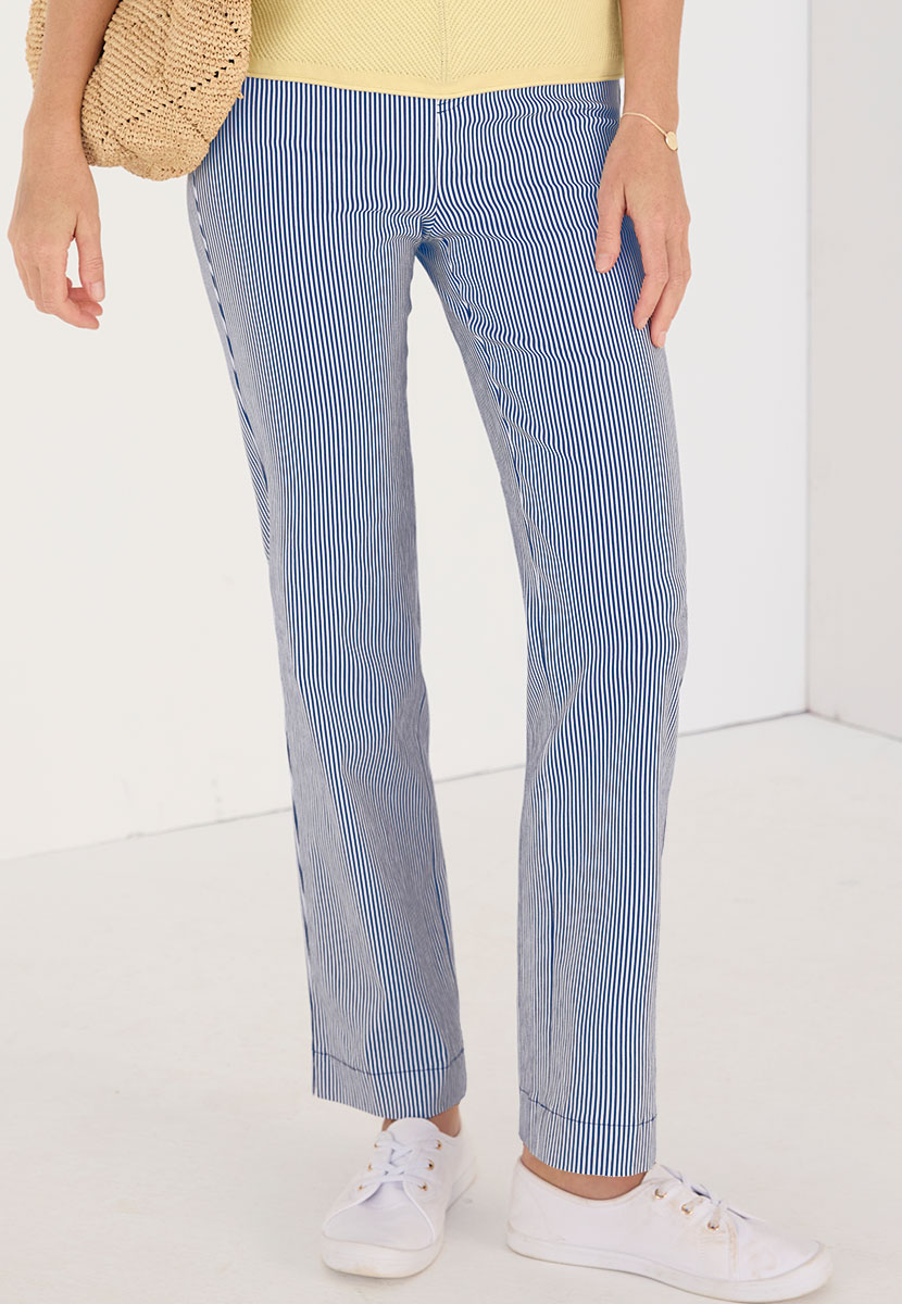 Ava Straight Leg Pull on Trouser - Navy Stripe Front Alt View