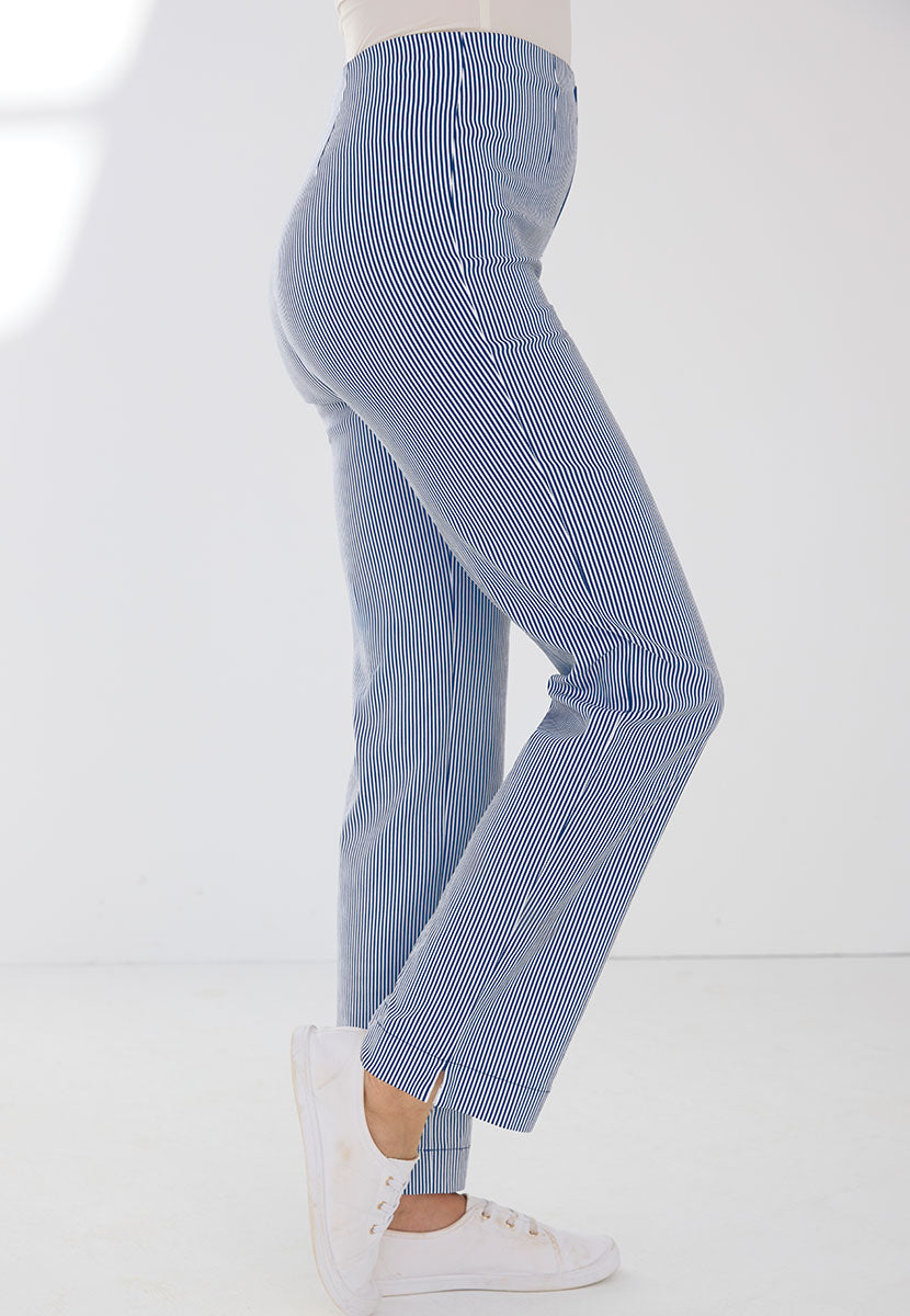 Ava Straight Leg Pull on Trouser - Navy Stripe Side View
