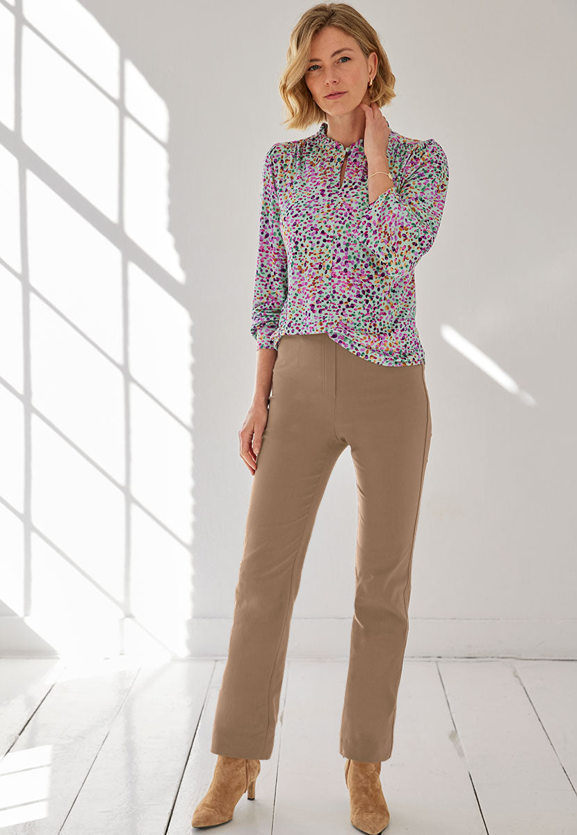 Ava Easy Fit Straight Leg Pull on Trouser - Soft Stone Front View with Fifi Blouse