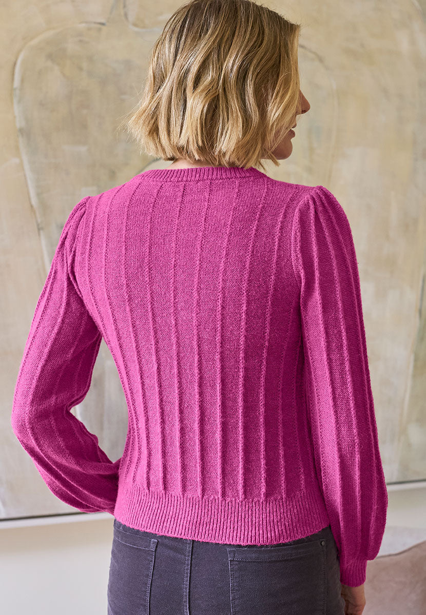Avril Rib Knitted Cardigan - Soft Magenta Back View