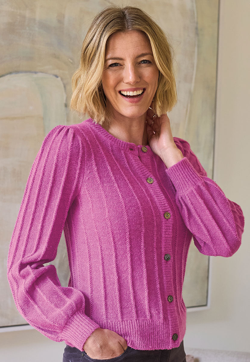 Avril Rib Knitted Cardigan - Soft Magenta Front View