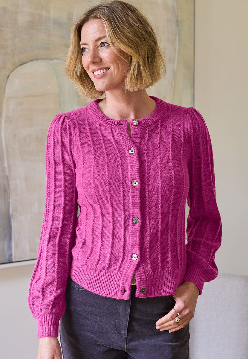 Avril Rib Knitted Cardigan - Soft Magenta Front Alt View