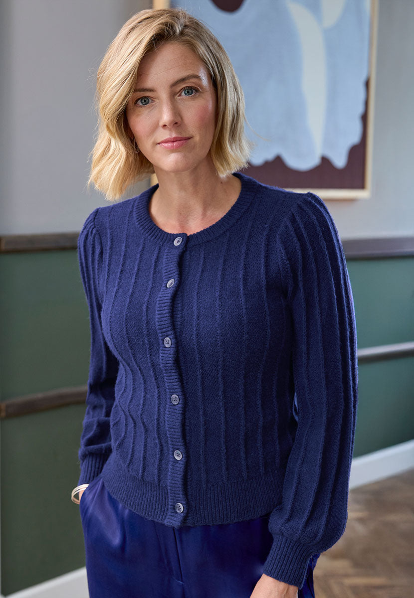 Avril Rib Knitted Cardigan - Navy Dark Blue Luxurious Knit Lacy Rib Detail Soft Fluffy Stylish Modern Short Shape with Full Sleeves Gathered Shoulders