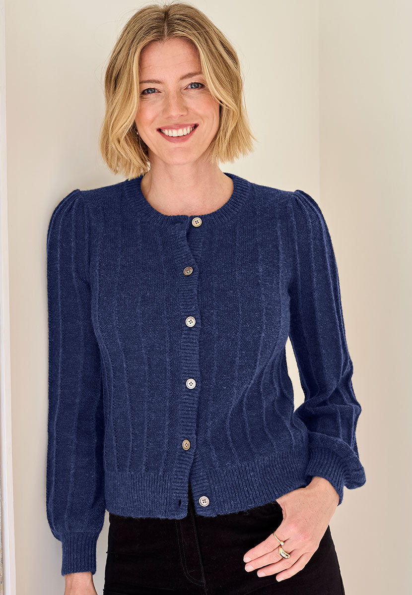 Avril Rib Knitted Cardigan - Navy Dark Blue Luxurious Knit Lacy Rib Detail Soft Fluffy Stylish Modern Short Shape with Full Sleeves Gathered Shoulders Front Alt View