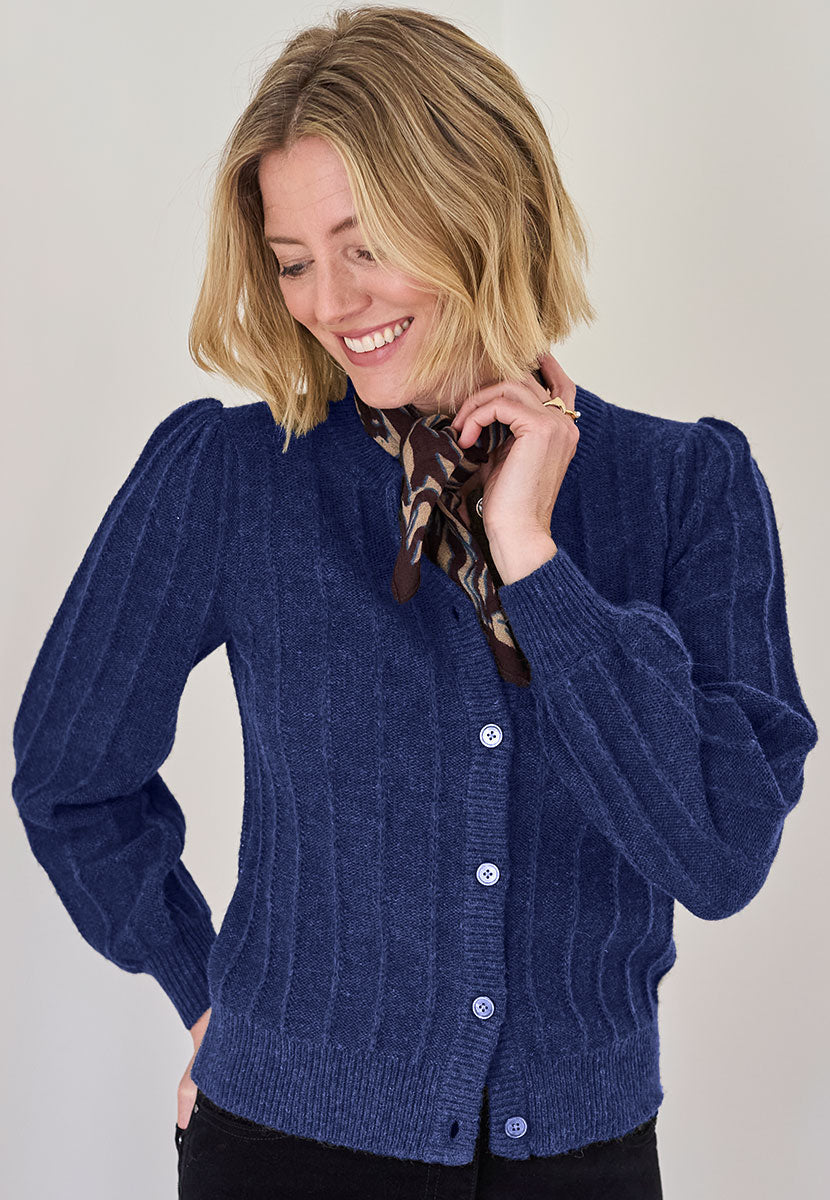 Avril Rib Knitted Cardigan - Navy Dark Blue Luxurious Knit Lacy Rib Detail Soft Fluffy Stylish Modern Short Shape with Full Sleeves Gathered Shoulders