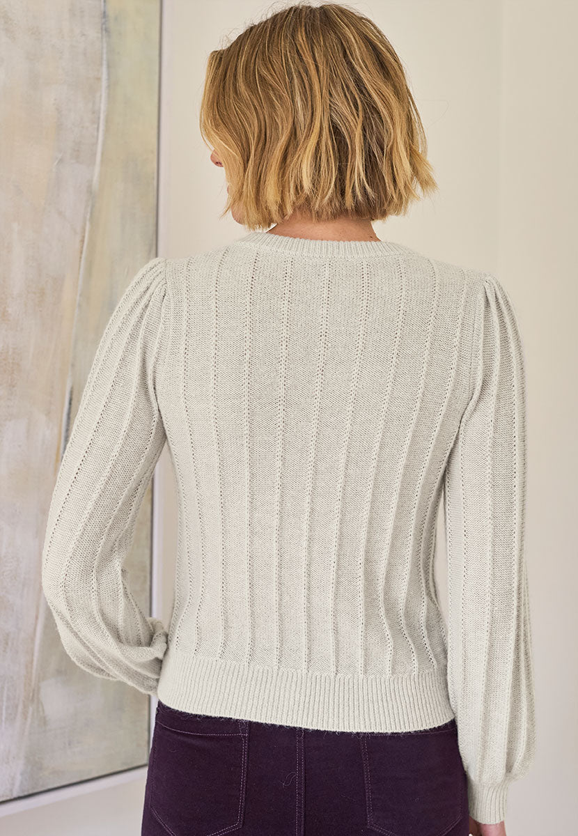 Avril Rib Knitted Cardigan - Silver Grey Light Grey Luxurious Knit Lacy Rib Detail Soft Fluffy Stylish Modern Short Shape with Full Sleeves Gathered Shoulders Back View
