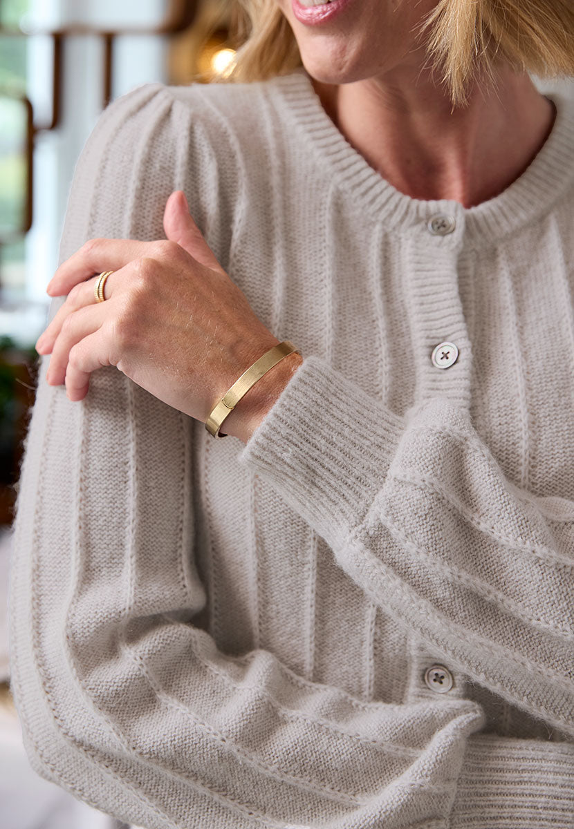 Avril Rib Knitted Cardigan - Silver Grey Light Grey Luxurious Knit Lacy Rib Detail Soft Fluffy Stylish Modern Short Shape with Full Sleeves Gathered Shoulders Detail View