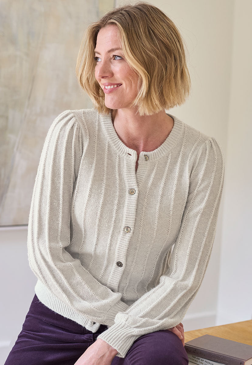 Avril Rib Knitted Cardigan - Silver Grey Light Grey Luxurious Knit Lacy Rib Detail Soft Fluffy Stylish Modern Short Shape with Full Sleeves Gathered Shoulders