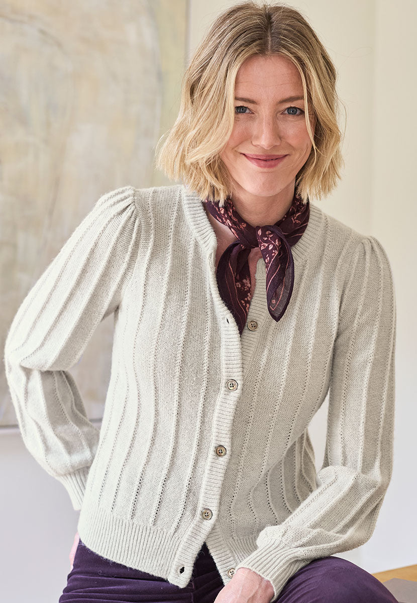 Avril Rib Knitted Cardigan - Silver Grey Light Grey Luxurious Knit Lacy Rib Detail Soft Fluffy Stylish Modern Short Shape with Full Sleeves Gathered Shoulders Alternative Sat View