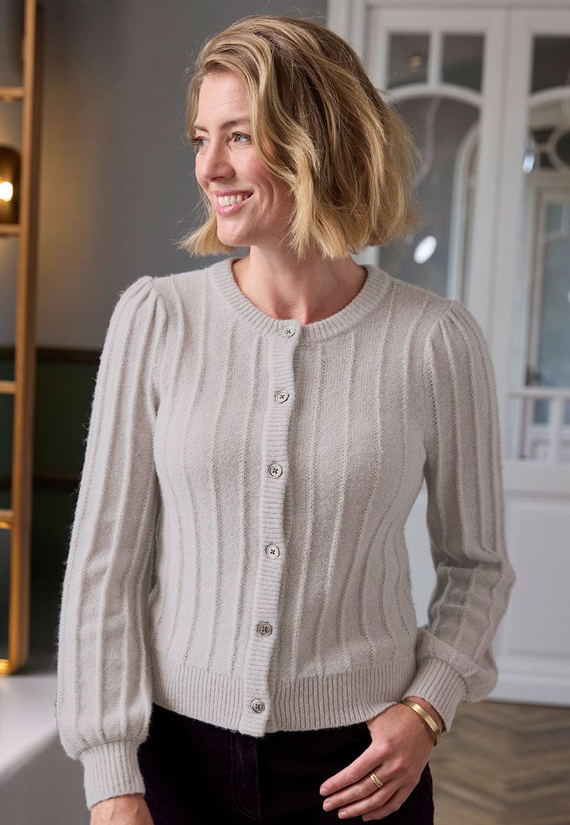 Avril Rib Knitted Cardigan - Silver Grey Light Grey Luxurious Knit Lacy Rib Detail Soft Fluffy Stylish Modern Short Shape with Full Sleeves Gathered Shoulders Front Alt View