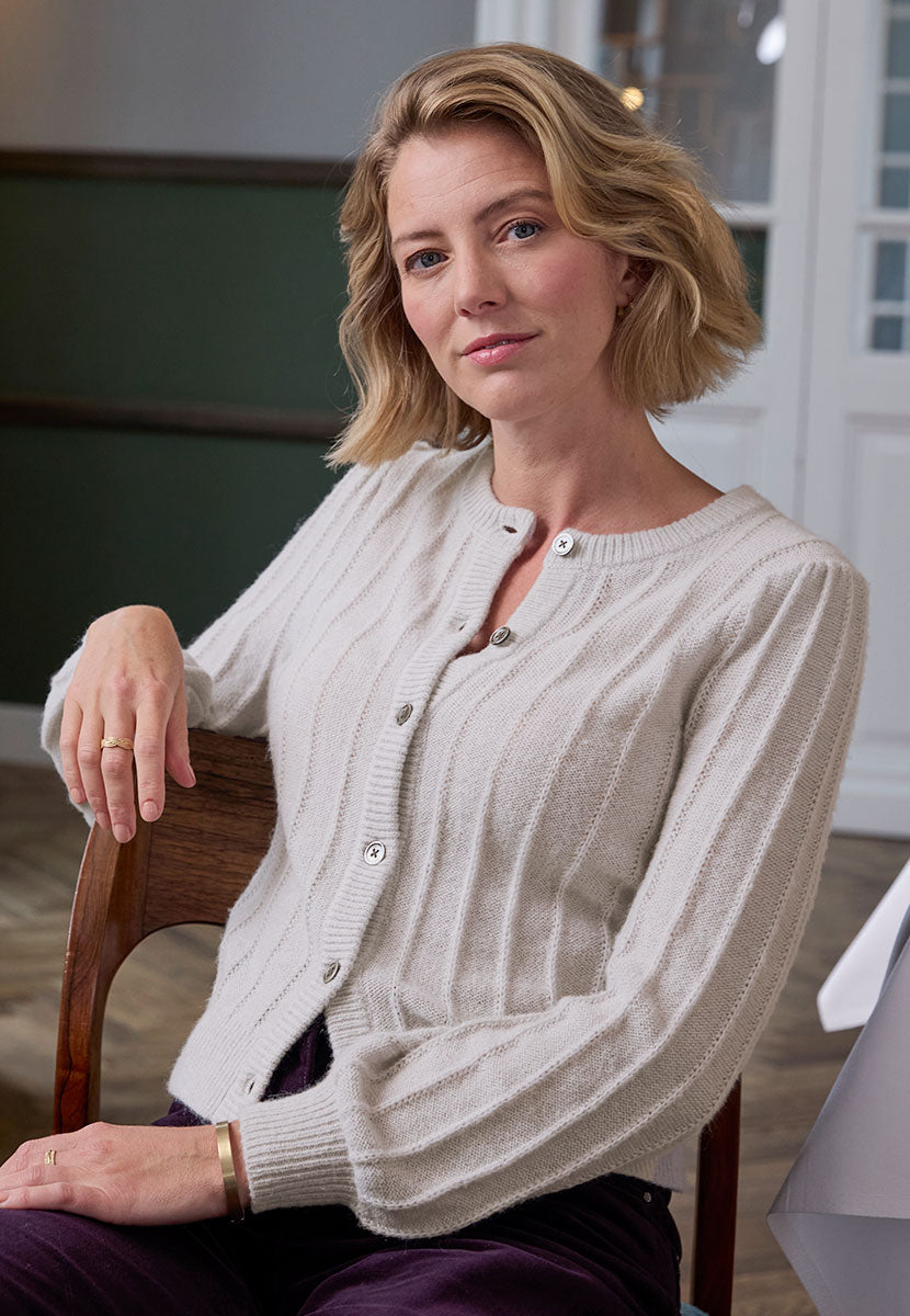 Avril Rib Knitted Cardigan - Silver Grey Light Grey Luxurious Knit Lacy Rib Detail Soft Fluffy Stylish Modern Short Shape with Full Sleeves Gathered Shoulders