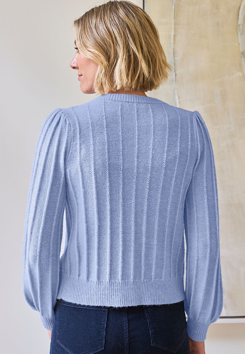 Avril Rib Knitted Cardigan - Soft Blue Back