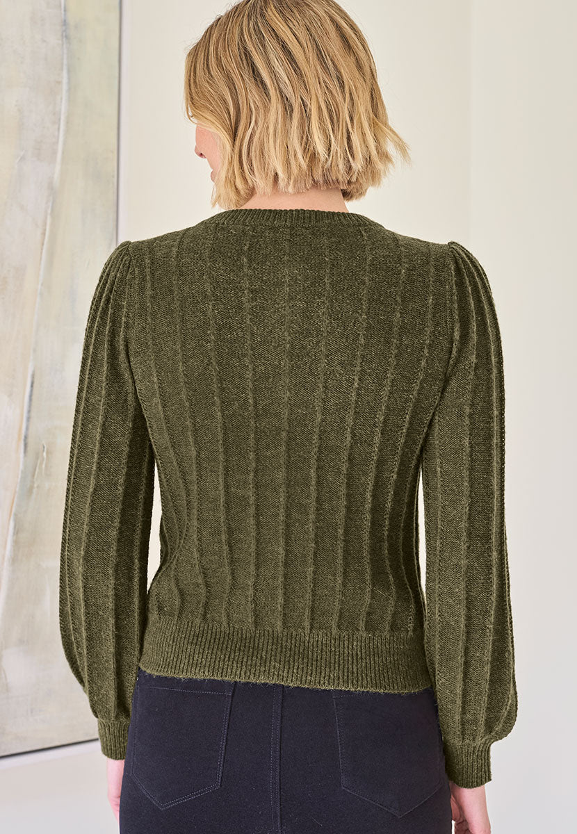 Avril Rib Knitted Cardigan - Soft Khaki Back View