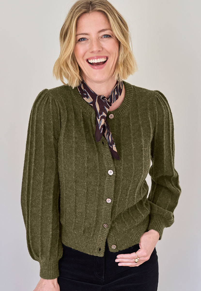 Avril Rib Knitted Cardigan - Soft Khaki Front View