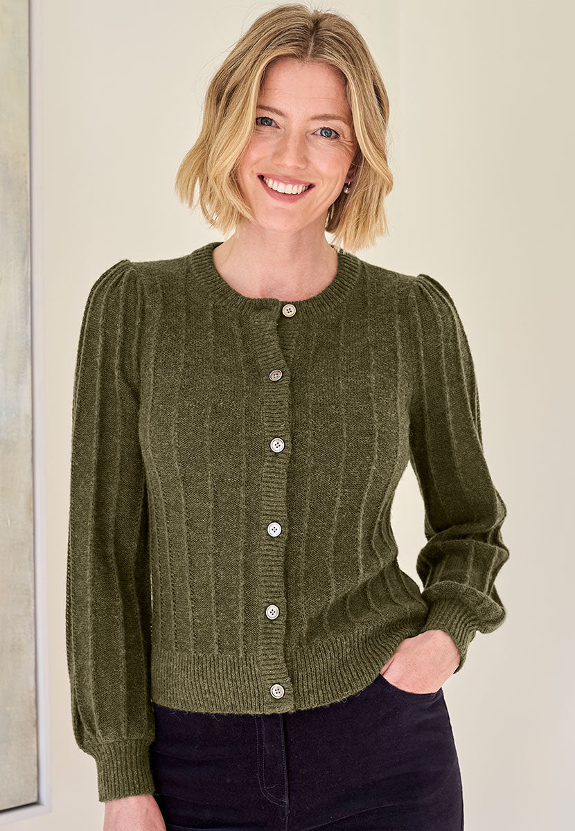 Avril Rib Knitted Cardigan - Soft Khaki Front Alt View