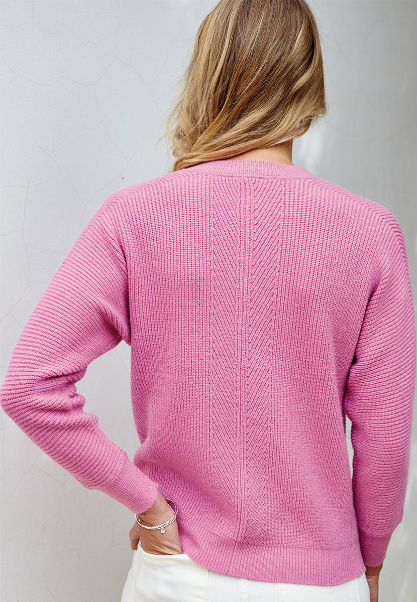 Bethany Rib Knit Jumper - Rosebud Pink Soft All-Over Rib Knit Long Sleeve Jumper With A Crew Neck And Dolman Sleeve Back View