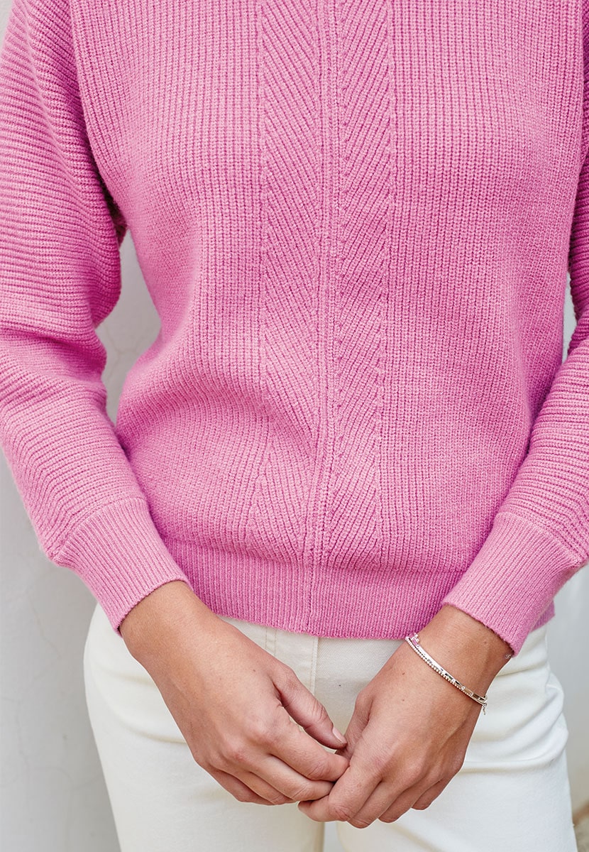 Bethany Rib Knit Jumper - Rosebud Pink Soft All-Over Rib Knit Long Sleeve Jumper With A Crew Neck And Dolman Sleeve Close Up