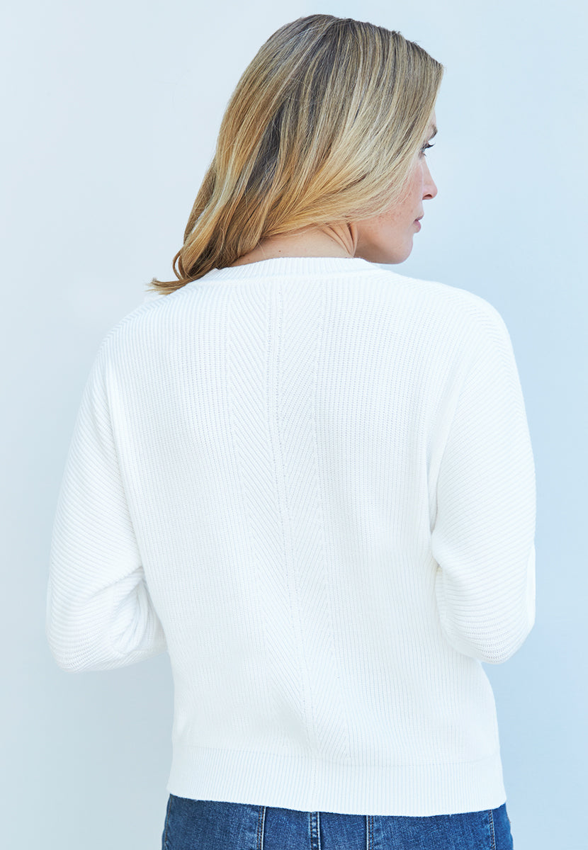 Bethany Crew Neck Chevron Stitch Jumper - Soft White