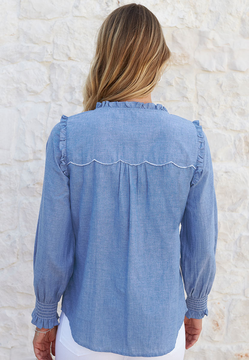 Betsy Long Sleeve Open Notch Frill Neck Cotton Blouse - Chambray Blue Deep Smocked Cuffs Button Front with embroidery detailing Back View