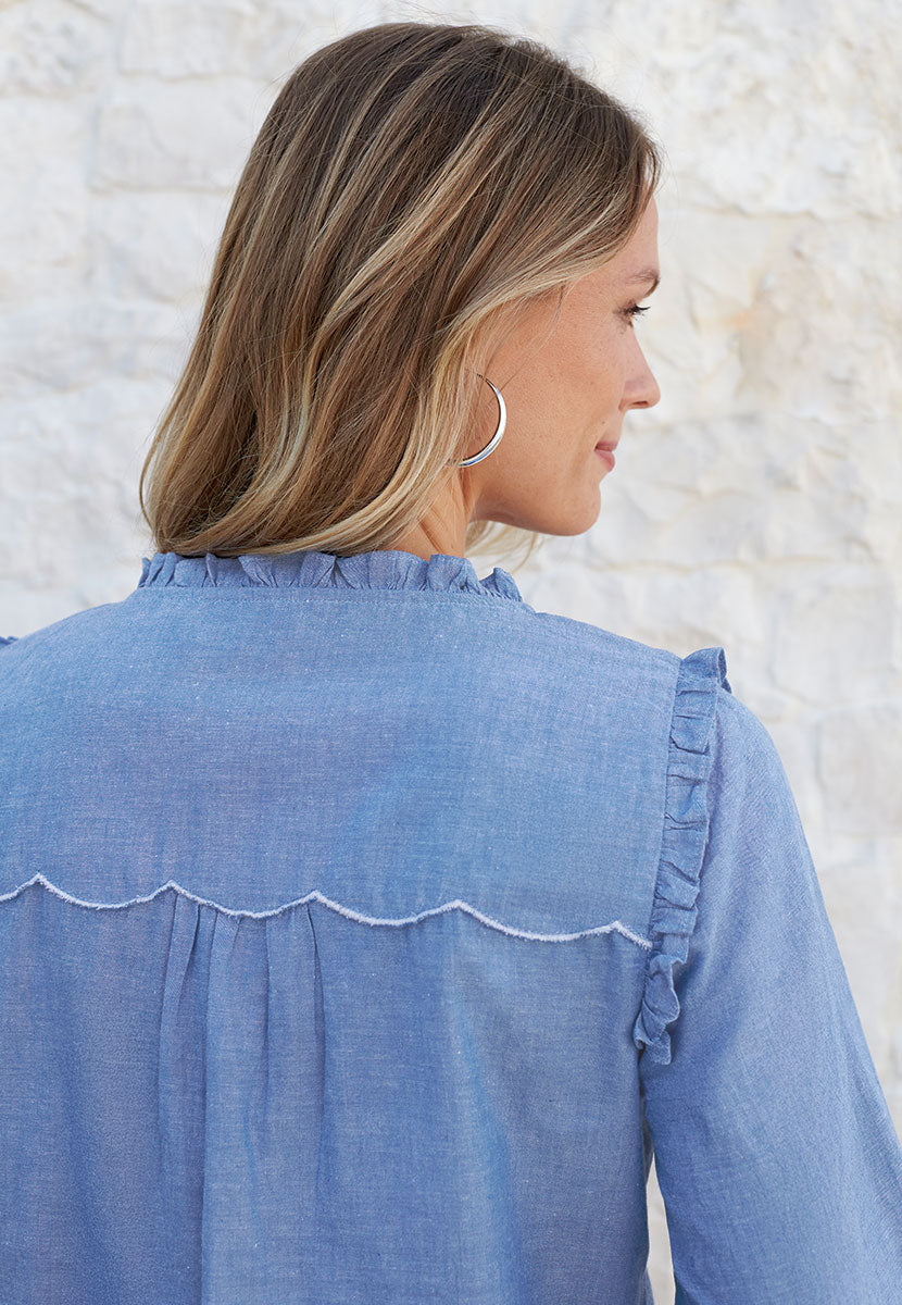 Betsy Long Sleeve Open Notch Frill Neck Cotton Blouse - Chambray Blue Deep Smocked Cuffs Button Front with embroidery detailing Back Detail