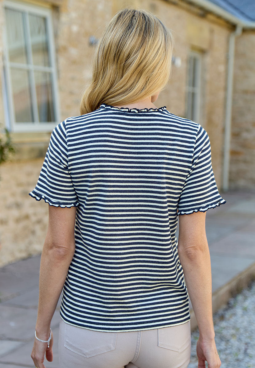 Billie Striped Short Frill Sleeve Cotton Top - Navy Dark Blue and White Soft Pretty Stripe with Hint of Sparkle Round Frill Neck and Sleeves Back View