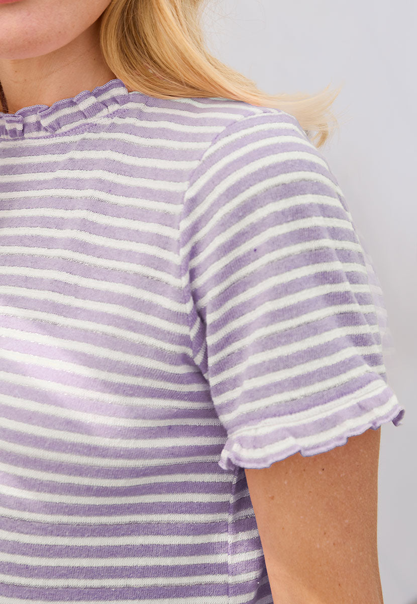 Billie Striped Short Frill Sleeve Cotton Top - Wisteria Dark Blue and White Soft Pretty Stripe with Hint of Sparkle Round Frill Neck and Sleeves Detail View