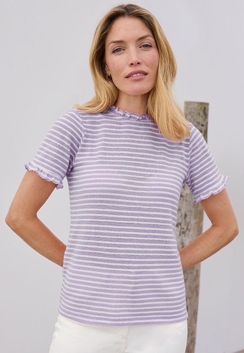 Billie Striped Short Frill Sleeve Cotton Top - Wisteria Dark Blue and White Soft Pretty Stripe with Hint of Sparkle Round Frill Neck and Sleeves Front Alt View