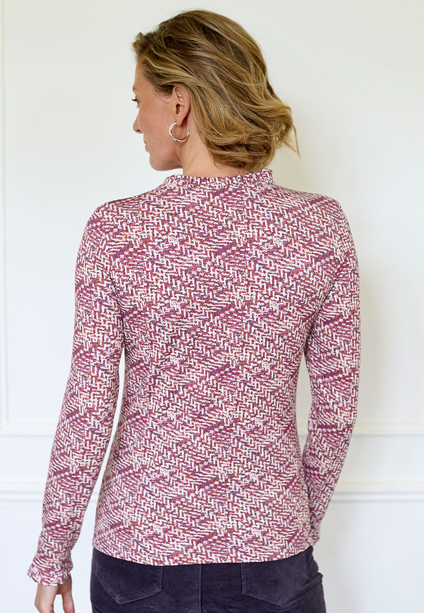 Bobbi Long Sleeve Frill Top - Berry Print Soft Stretchy Jersey Perfect Layering Piece Frill Neck and Cuffs Back View