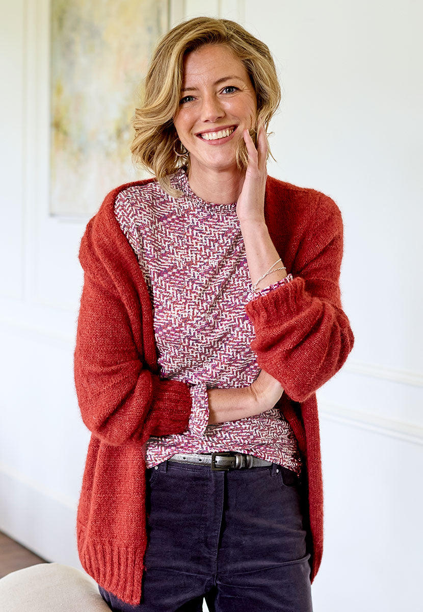 Bobbi Long Sleeve Frill Top - Berry Print Soft Stretchy Jersey Perfect Layering Piece Frill Neck and Cuffs Front Alt View